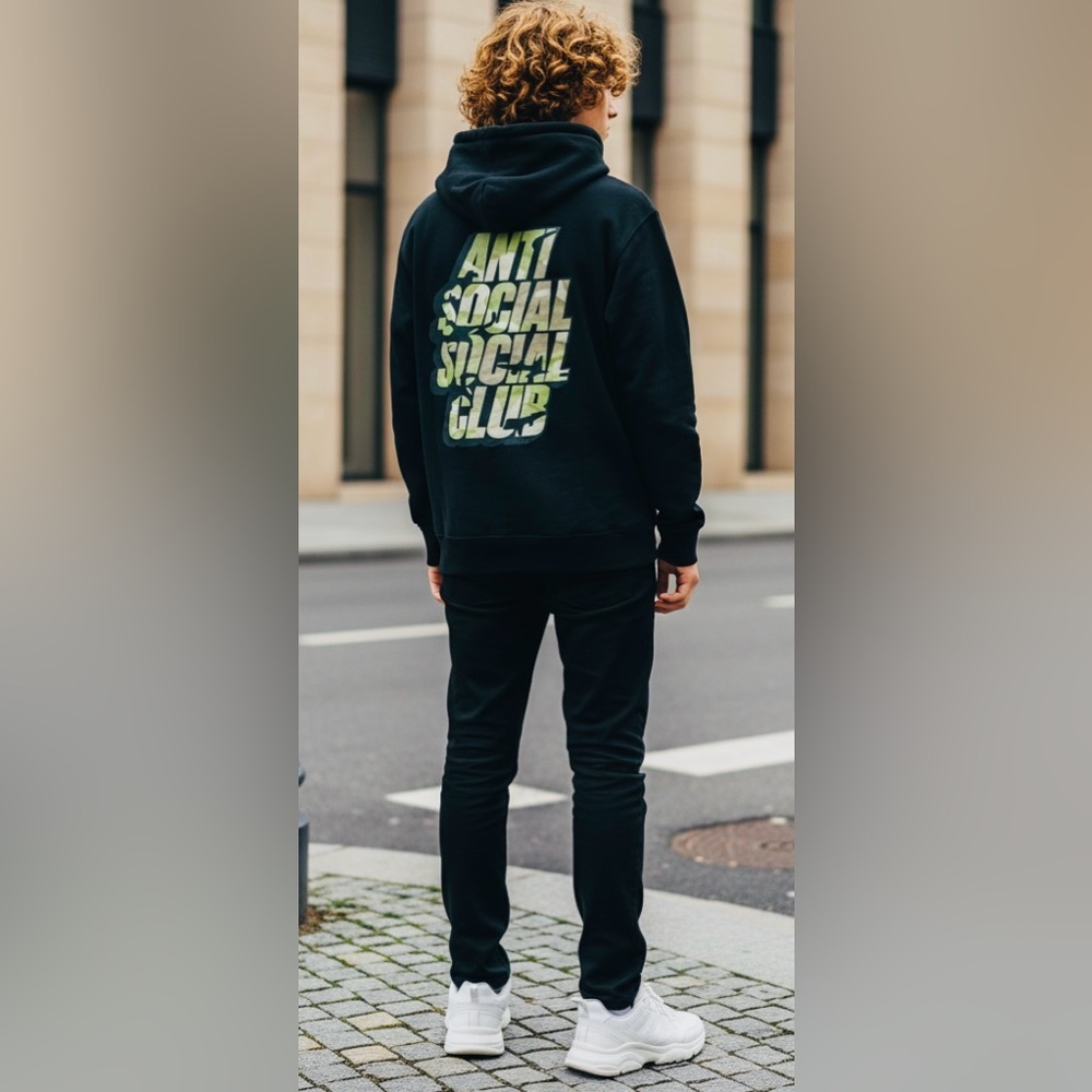 NWT Anti Social Social Club SZ S & M black unisex hoodie w/camo print graphics